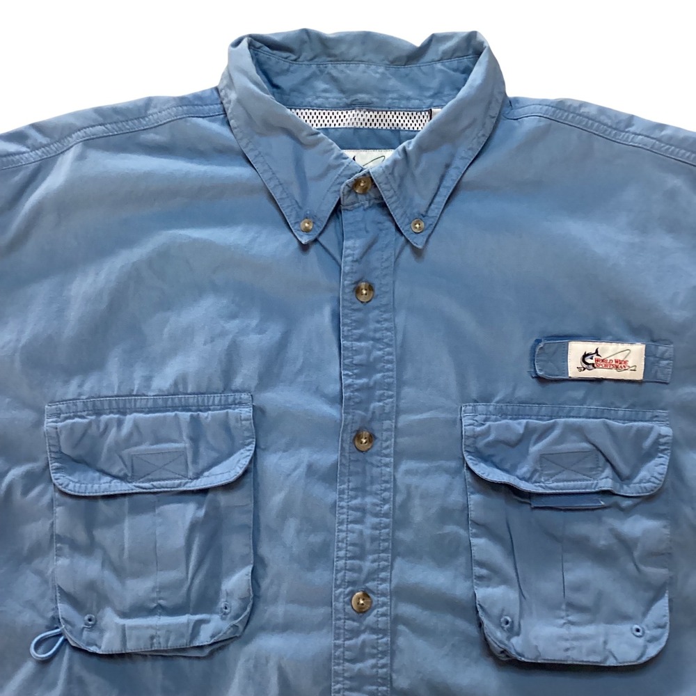 World Wide Sportsman Mens Fishing Shirt Blue Short Sleeve Vented Cotton XL